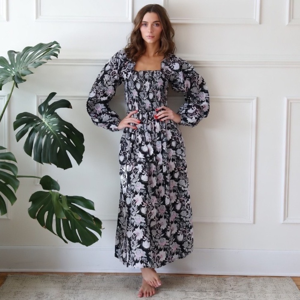 Mille Catherine Midi Dress Tropical Night NWT XXS Floral Smocked Puff Sleeve